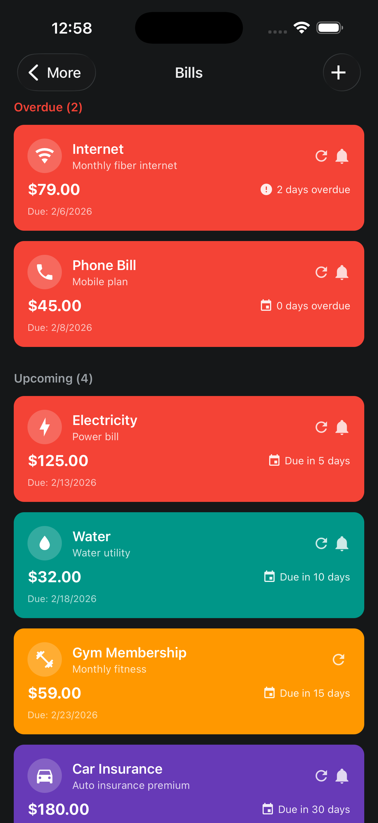 Bills screen showing overdue alerts and upcoming bills with due dates