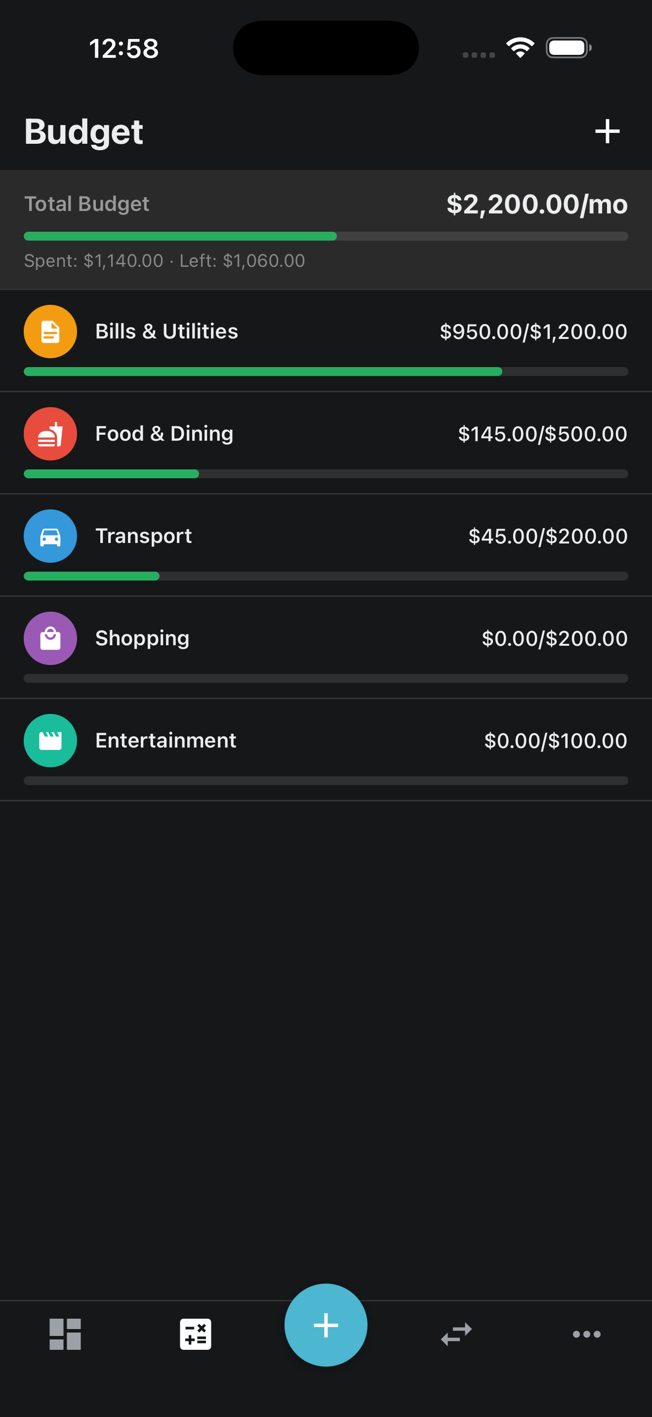 Budget screen showing category-wise spending with progress bars