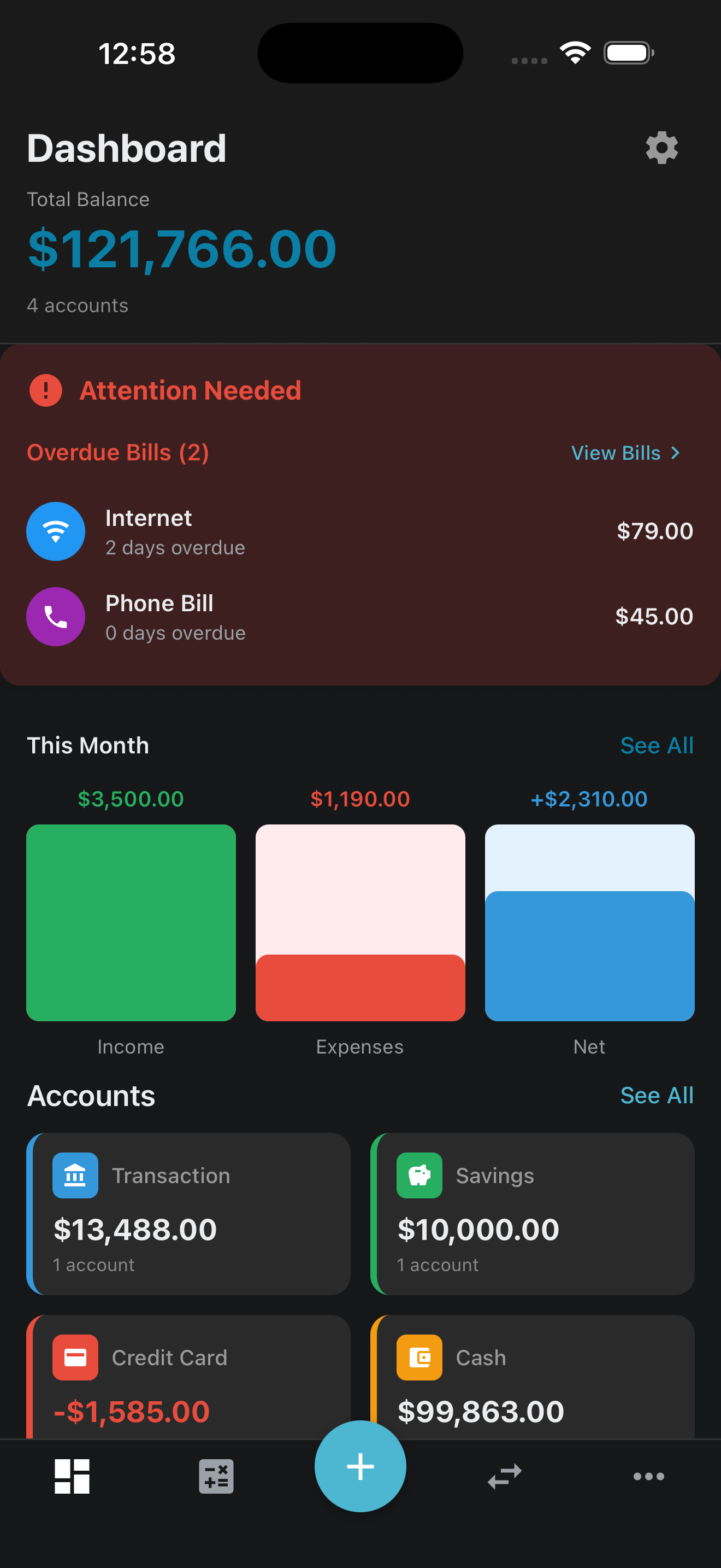 Pennywise dashboard showing total balance, monthly income and expenses summary, and account overview