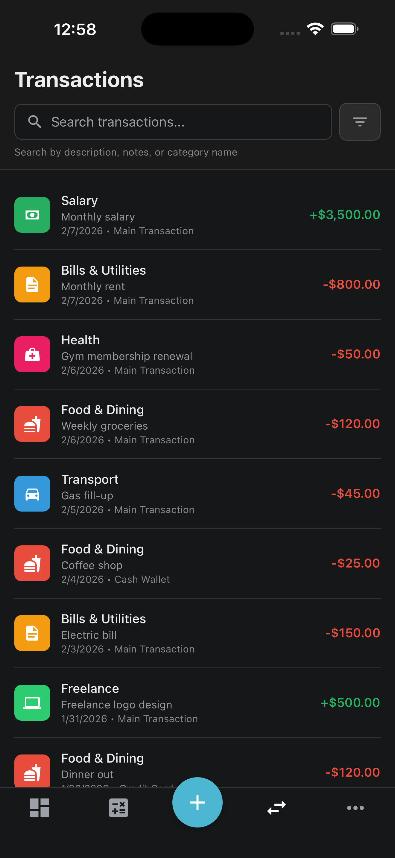 Transactions list with search and categorized entries